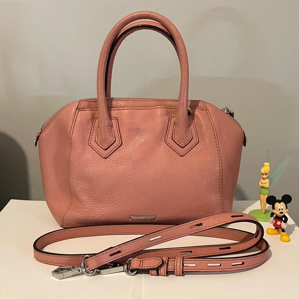 Rebecca Minkof Pink Pebble Leather Handbag Crossbody adjustable strap.